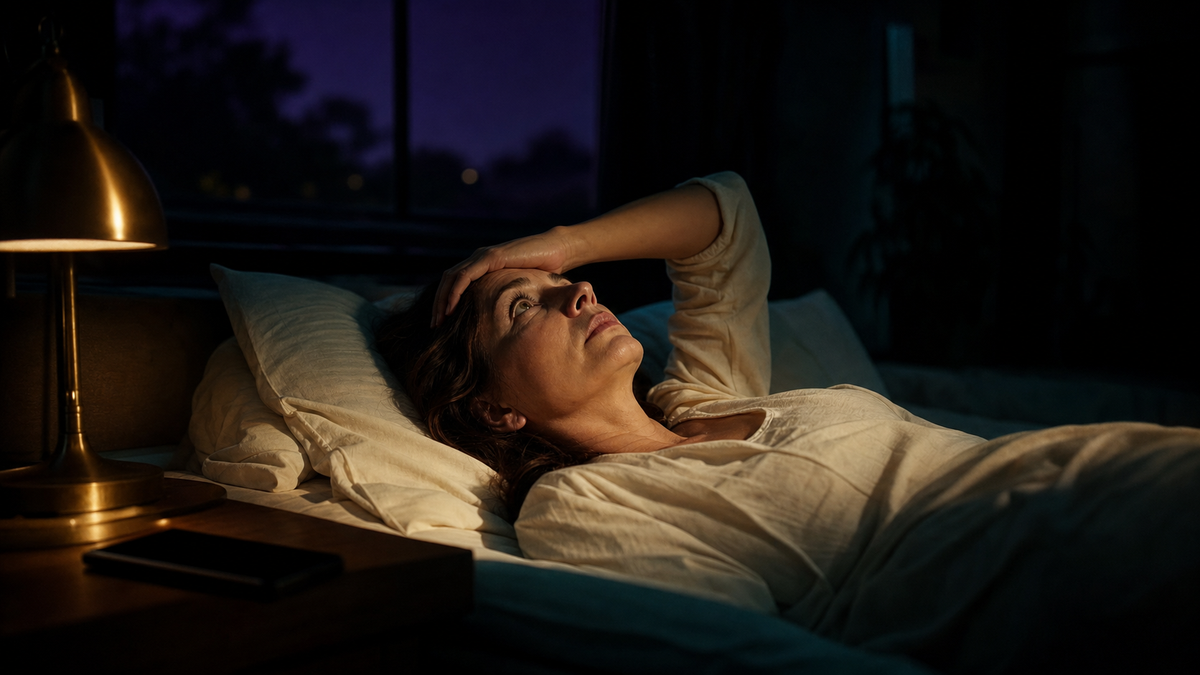Woman in bed at 3 AM, eyes open, phone face-down on nightstand, soft warm lamplight