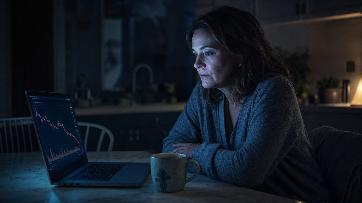 Woman at kitchen table 2 AM, laptop showing market chart, single mug of tea, laptop glow on her face