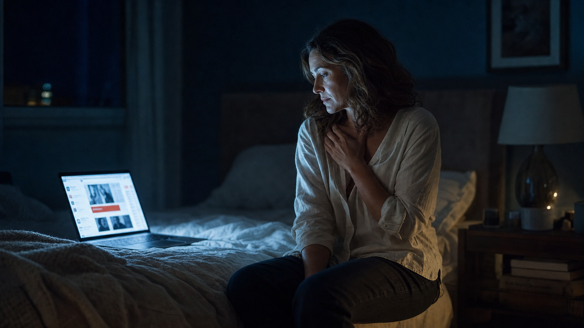 Woman on edge of bed at 3 AM, laptop open showing LinkedIn, hand on her collarbone, room dark except laptop glow