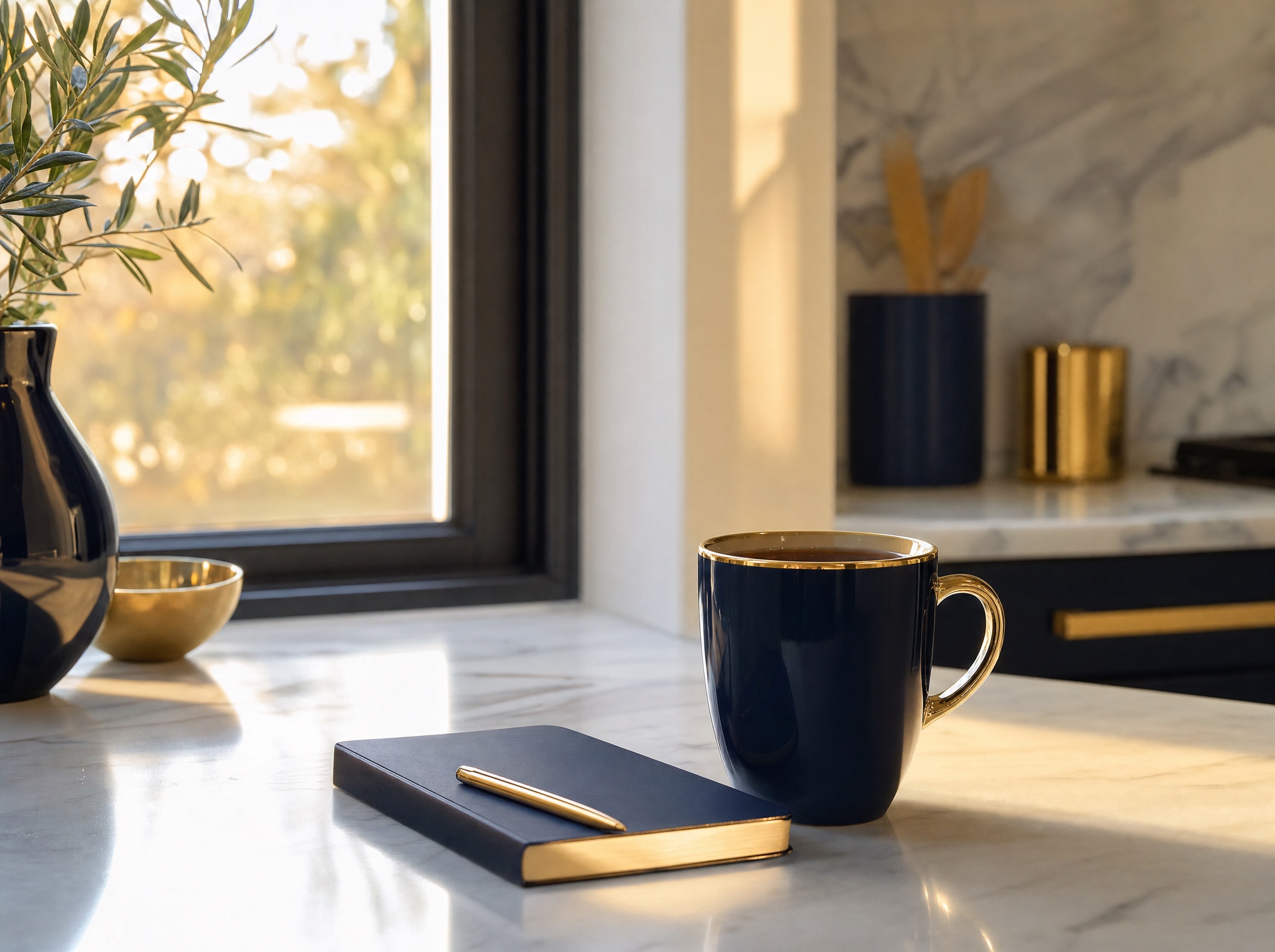 Quiet morning kitchen scene with a navy mug and notebook in golden light