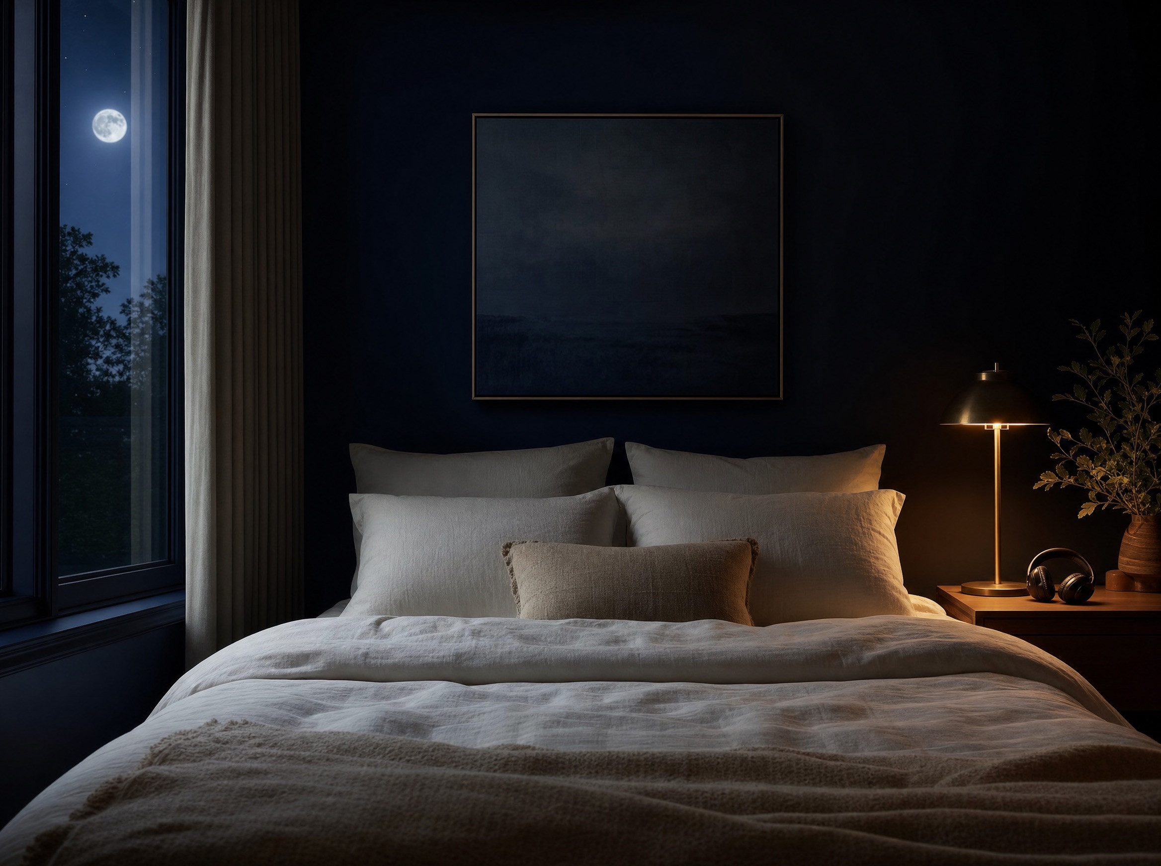 Calm bedroom at night with a warm lamp and headphones on the nightstand